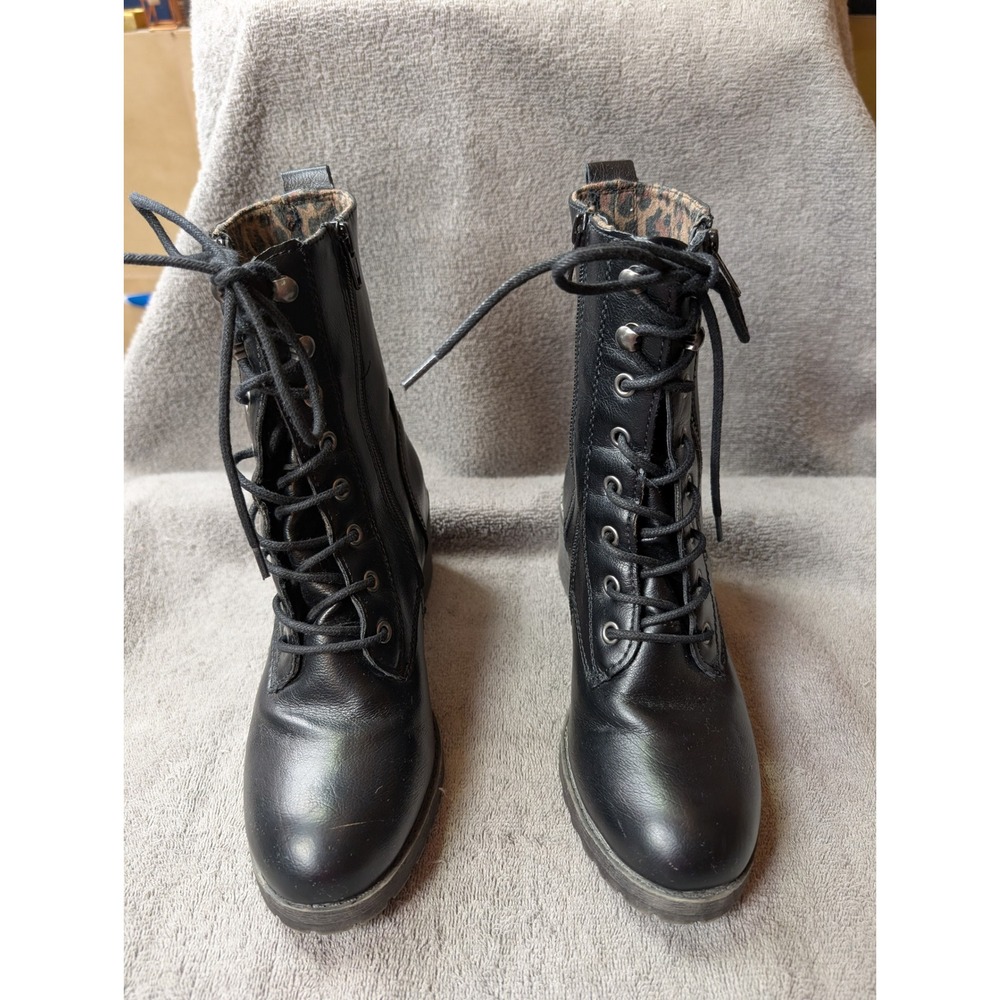 Sun + Stone Womens Black Lace Up Side Zip Combat Boots Leopard Lining Size 7